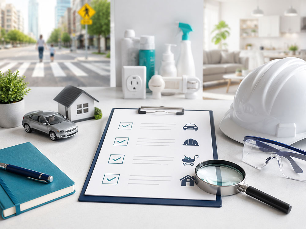 Workspace with a checklist clipboard, magnifying glass, hard hat, safety glasses, and miniature models of a car and house, symbolizing home and vehicle safety inspection or insurance assessment, with a city street visible in the background.