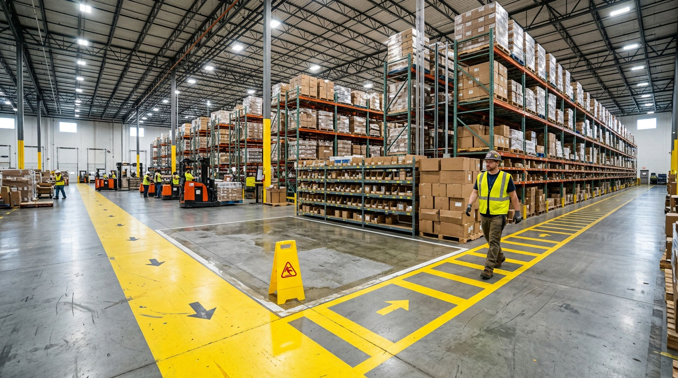 Workplace safety scene highlighting prevention of slips trips and falls