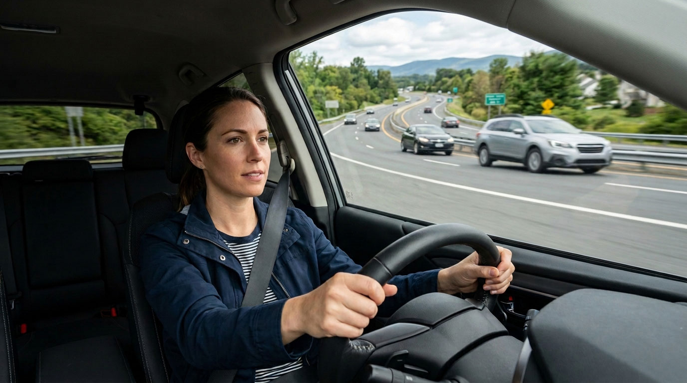 Alert driver practicing everyday road safety habits on a U.S. roadway