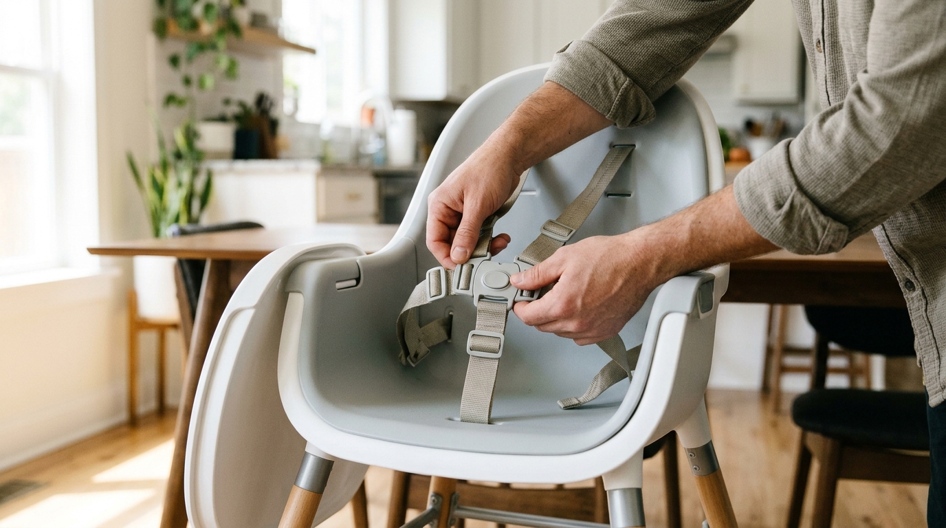 Parent examining a high chair restraint system while checking household child safety equipment