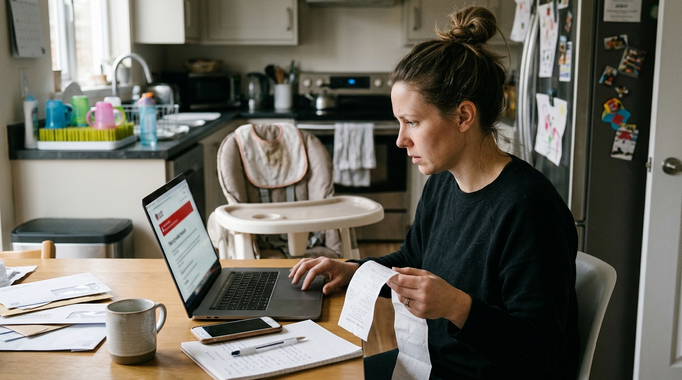 Parent reviewing a child product recall notice and preparing information for a replacement request